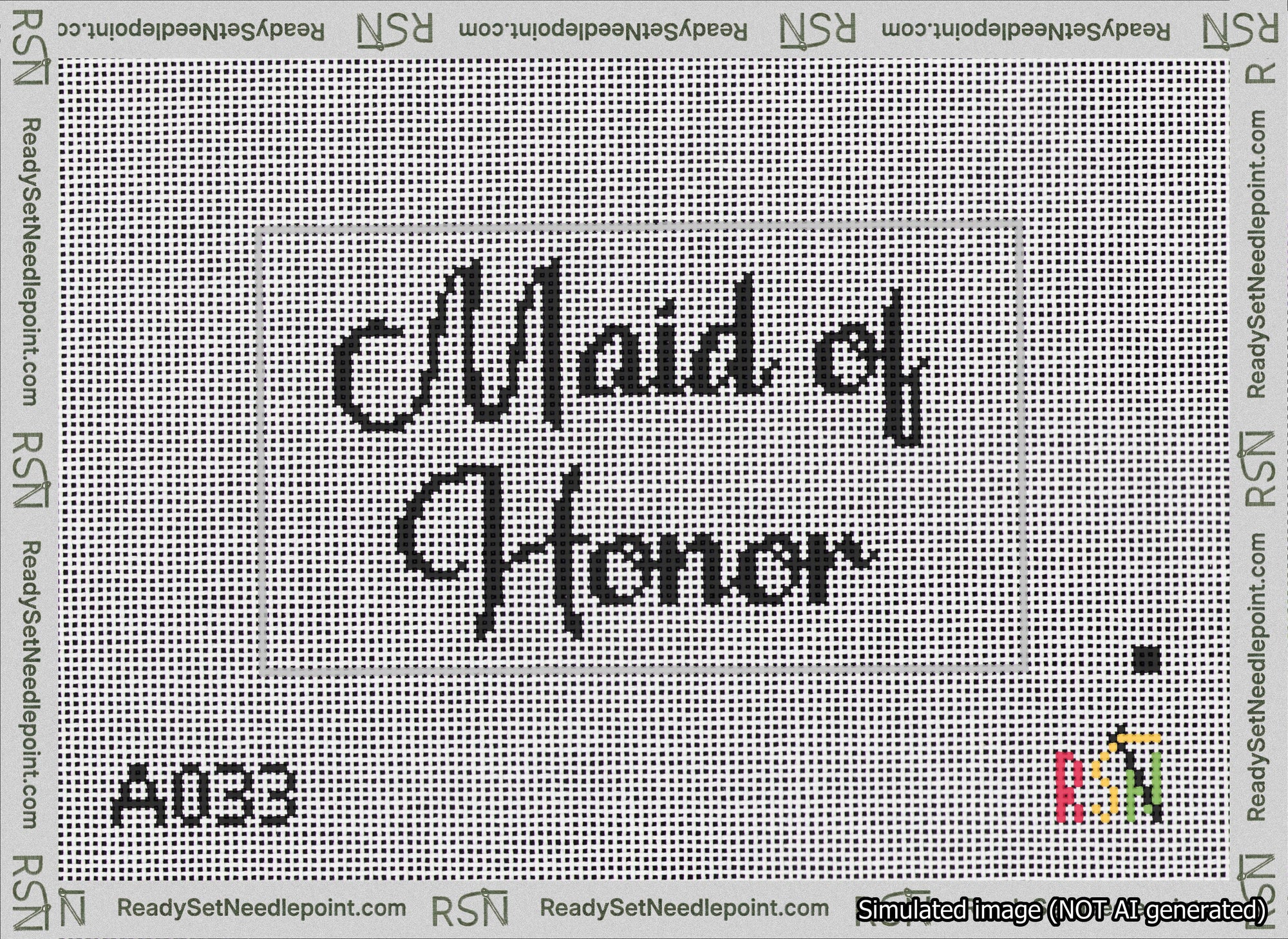 A taped needlepoint canvas with the design: Maid of Honor Bag Insert.
