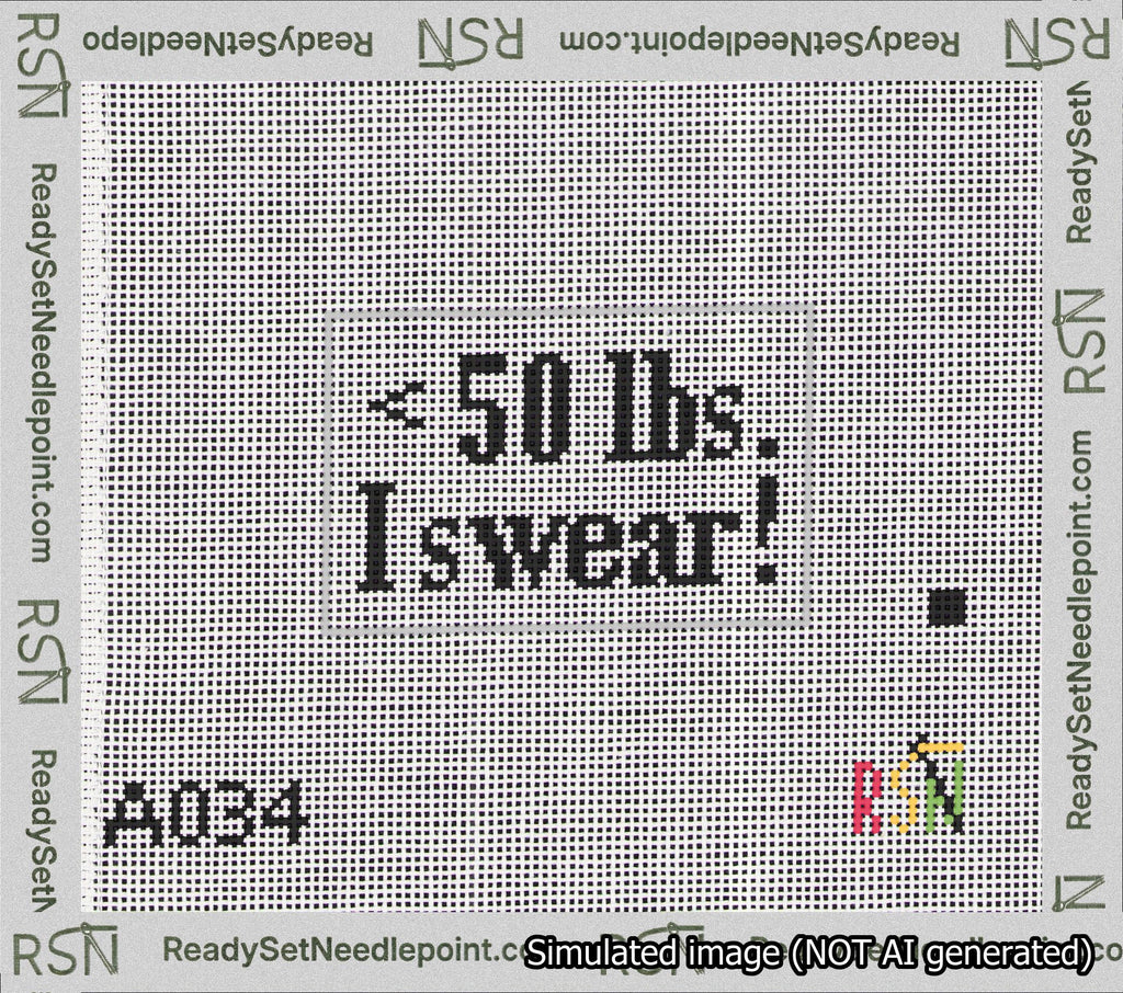 A taped needlepoint canvas with the design: Under 50 Bag Tag.