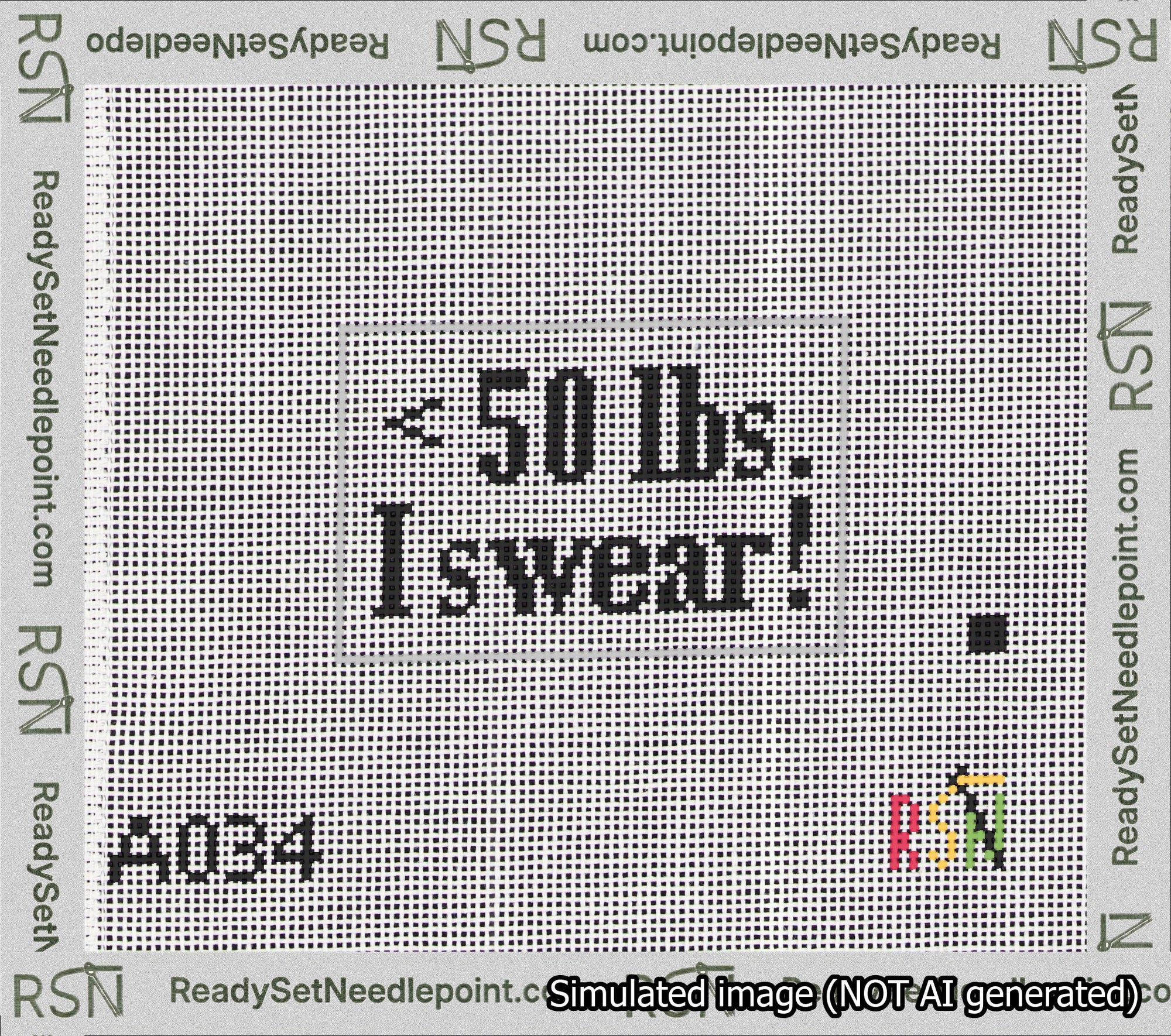 A taped needlepoint canvas with the design: Under 50 Bag Tag.
