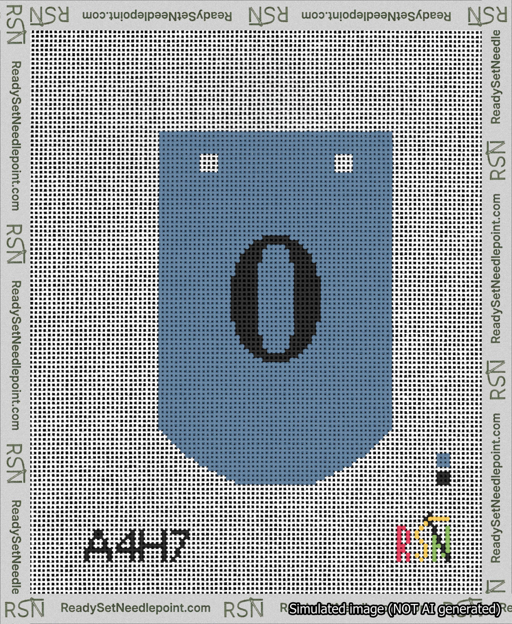 A taped needlepoint canvas with the design: Banner 13 mesh count Curved 0 Black on Blue.