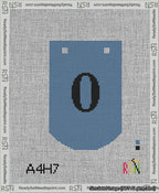 A taped needlepoint canvas with the design: Banner 13 mesh count Curved 0 Black on Blue.