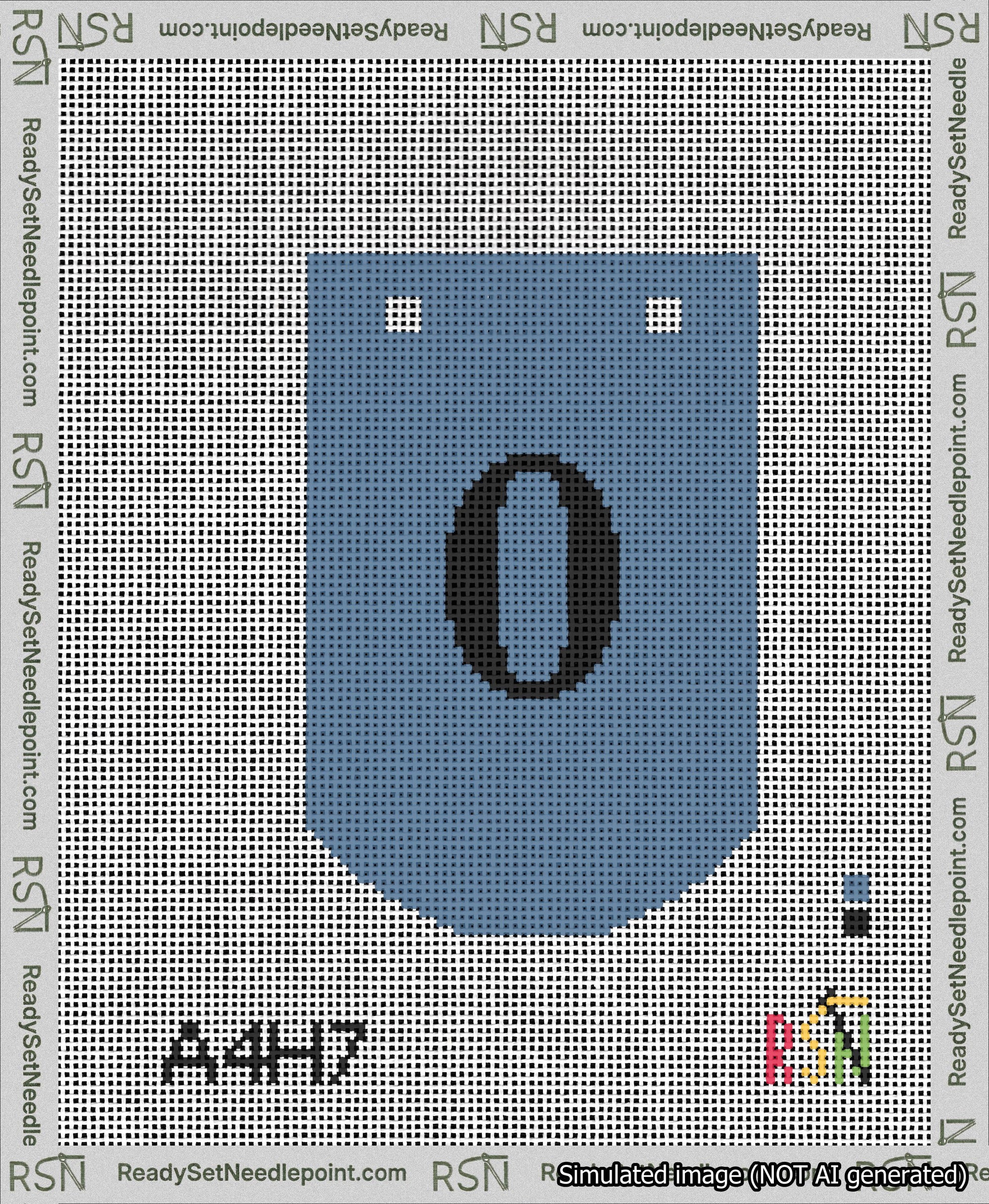 A taped needlepoint canvas with the design: Banner 13 mesh count Curved 0 Black on Blue.