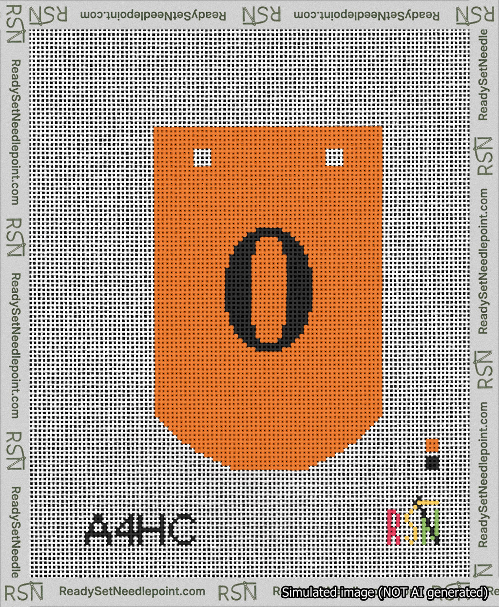 A taped needlepoint canvas with the design: Banner 13 mesh count Curved 0 Black on Orange.