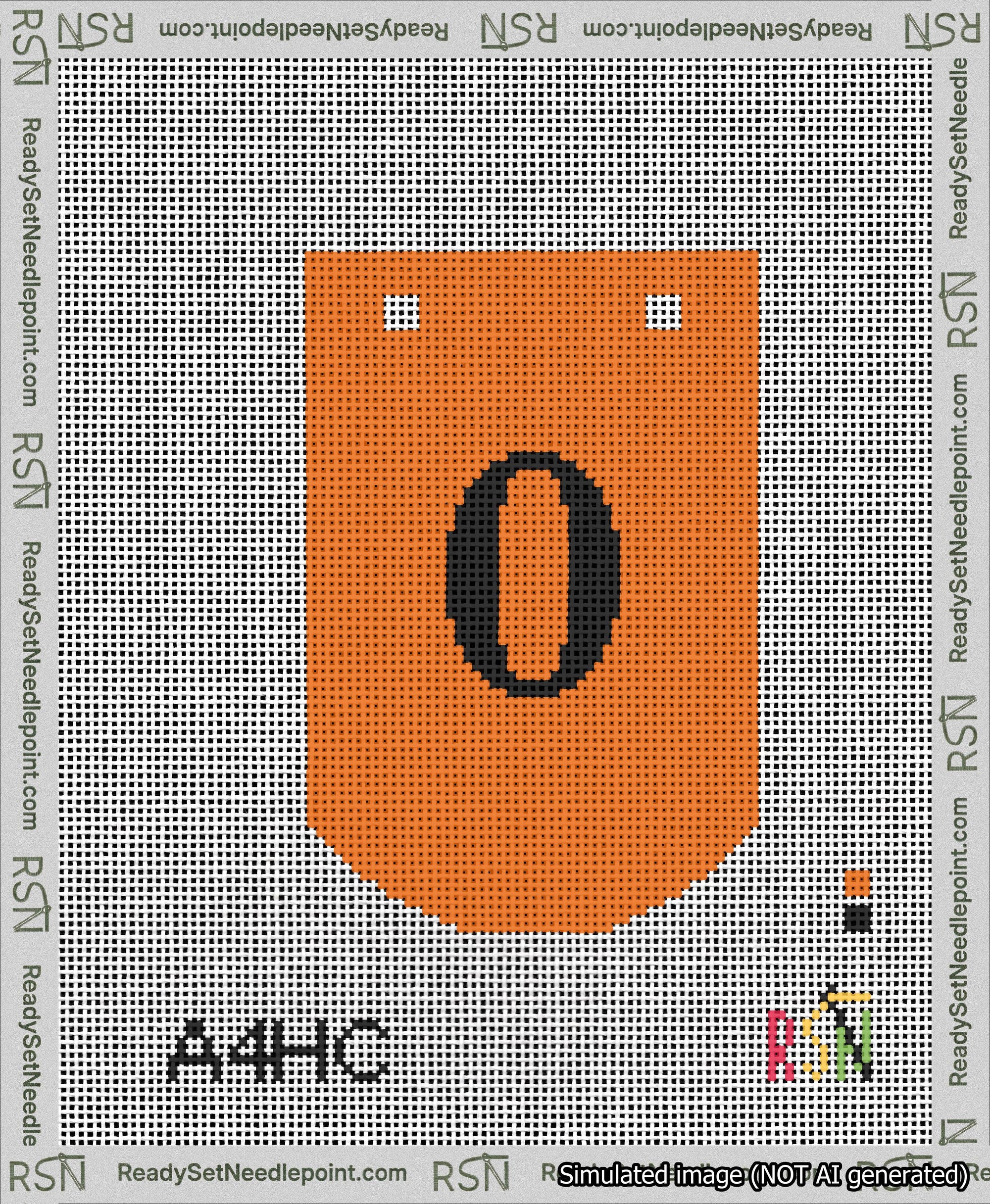 A taped needlepoint canvas with the design: Banner 13 mesh count Curved 0 Black on Orange.
