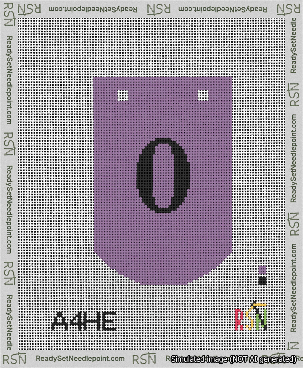 A taped needlepoint canvas with the design: Banner 13 mesh count Curved 0 Black on Purple.