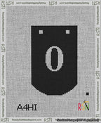 A taped needlepoint canvas with the design: Banner 13 mesh count Curved 0 White on Black.