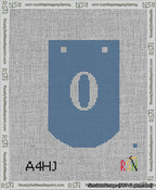 A taped needlepoint canvas with the design: Banner 13 mesh count Curved 0 White on Blue.