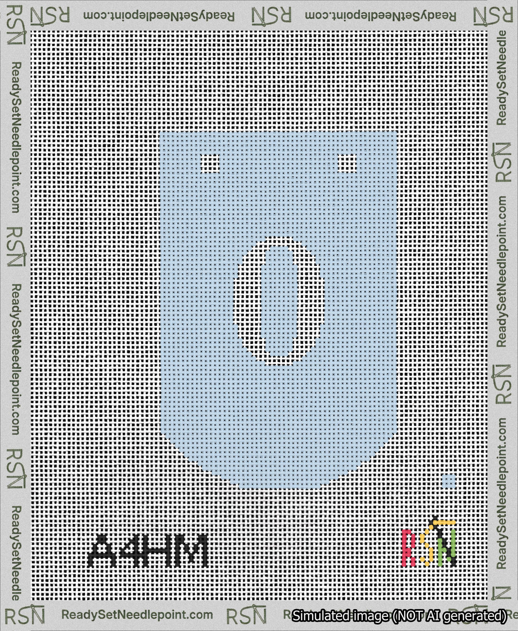 A taped needlepoint canvas with the design: Banner 13 mesh count Curved 0 White on Light Blue.