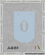 A taped needlepoint canvas with the design: Banner 13 mesh count Curved 0 White on Light Blue.