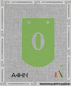 A taped needlepoint canvas with the design: Banner 13 mesh count Curved 0 White on Light Green.