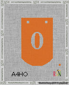 A taped needlepoint canvas with the design: Banner 13 mesh count Curved 0 White on Orange.