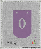 A taped needlepoint canvas with the design: Banner 13 mesh count Curved 0 White on Purple.