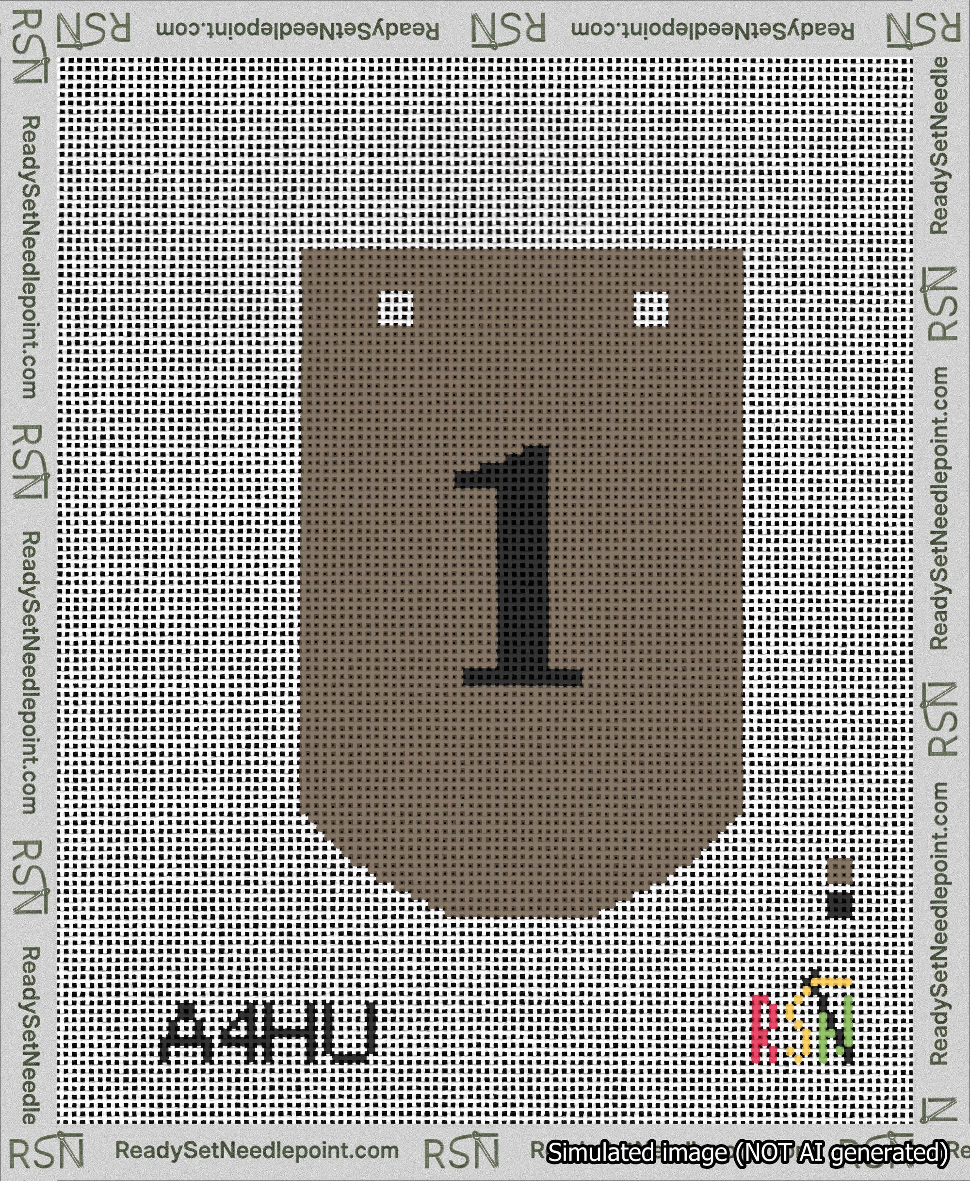 A taped needlepoint canvas with the design: Banner 13 mesh count Curved 1 Black on Brown.