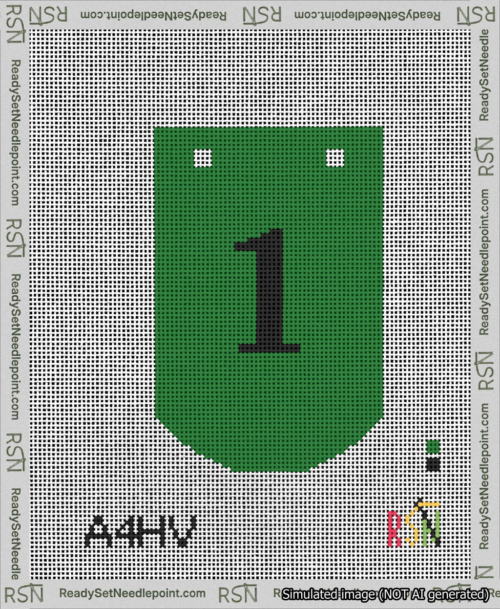 A taped needlepoint canvas with the design: Banner 13 mesh count Curved 1 Black on Green.
