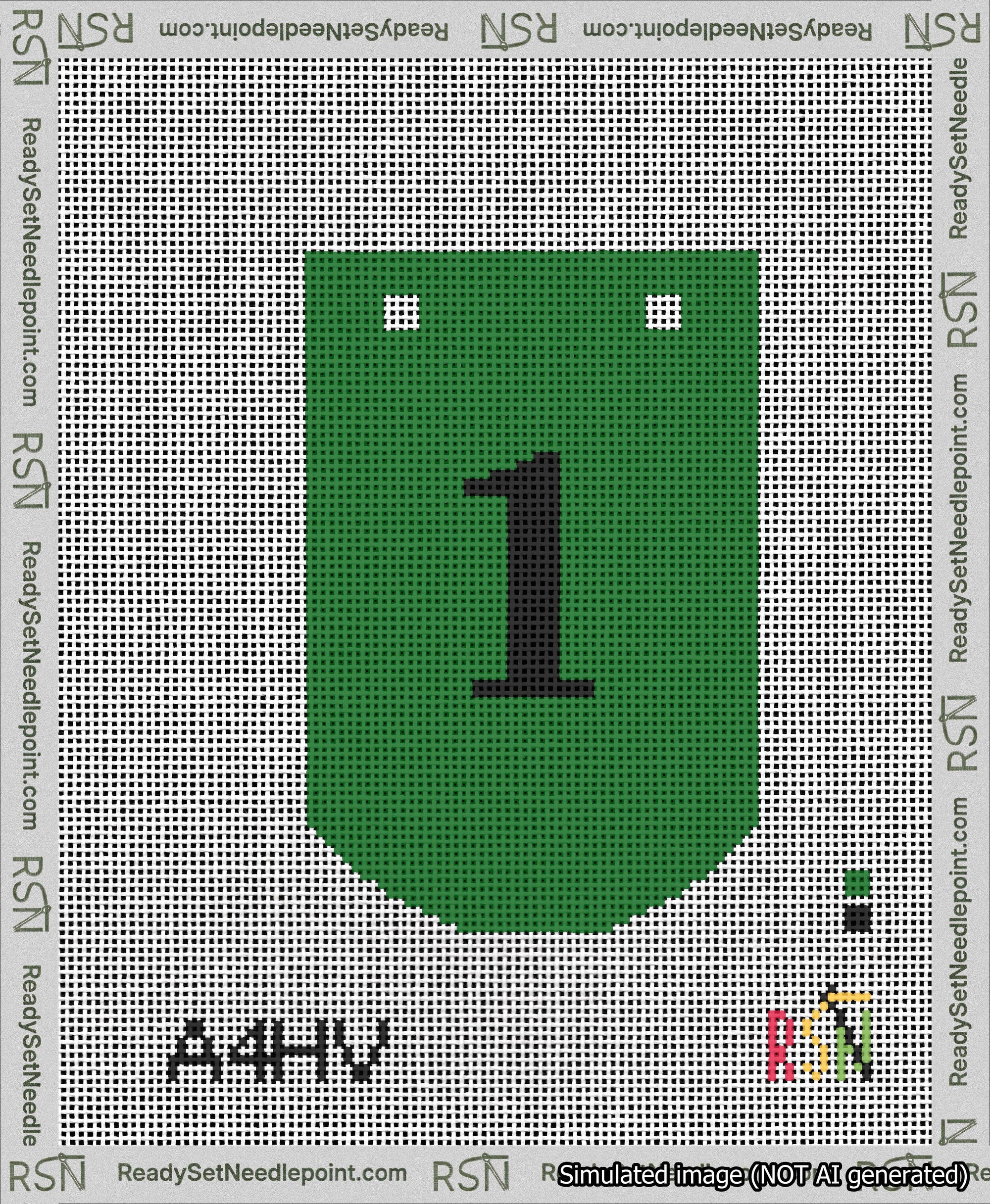 A taped needlepoint canvas with the design: Banner 13 mesh count Curved 1 Black on Green.