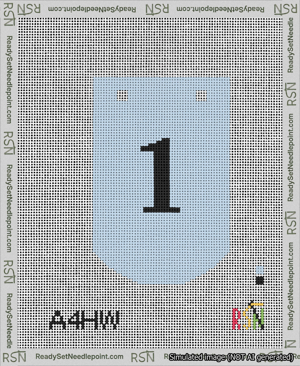 A taped needlepoint canvas with the design: Banner 13 mesh count Curved 1 Black on Light Blue.