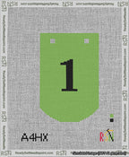 A taped needlepoint canvas with the design: Banner 13 mesh count Curved 1 Black on Light Green.