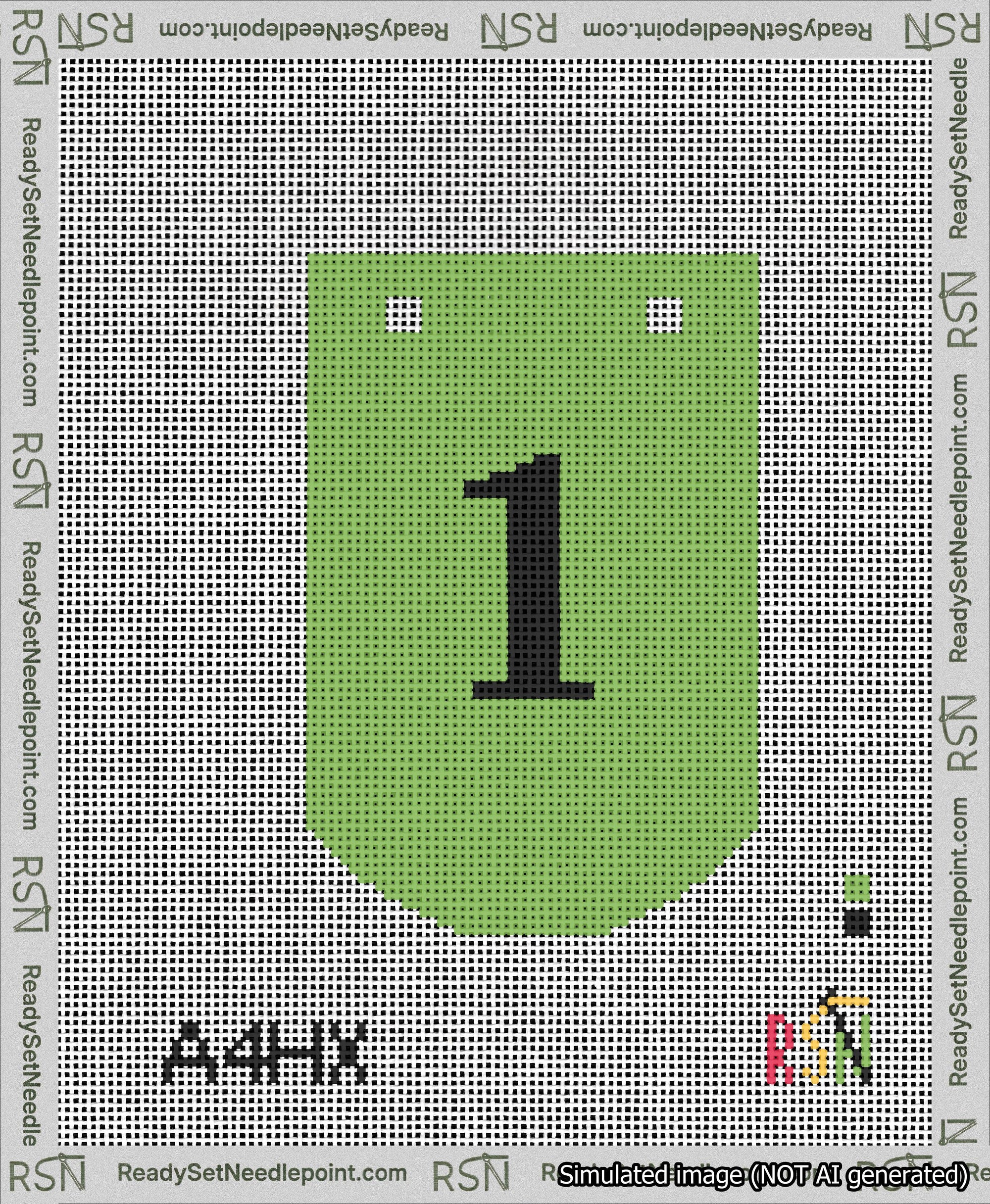 A taped needlepoint canvas with the design: Banner 13 mesh count Curved 1 Black on Light Green.