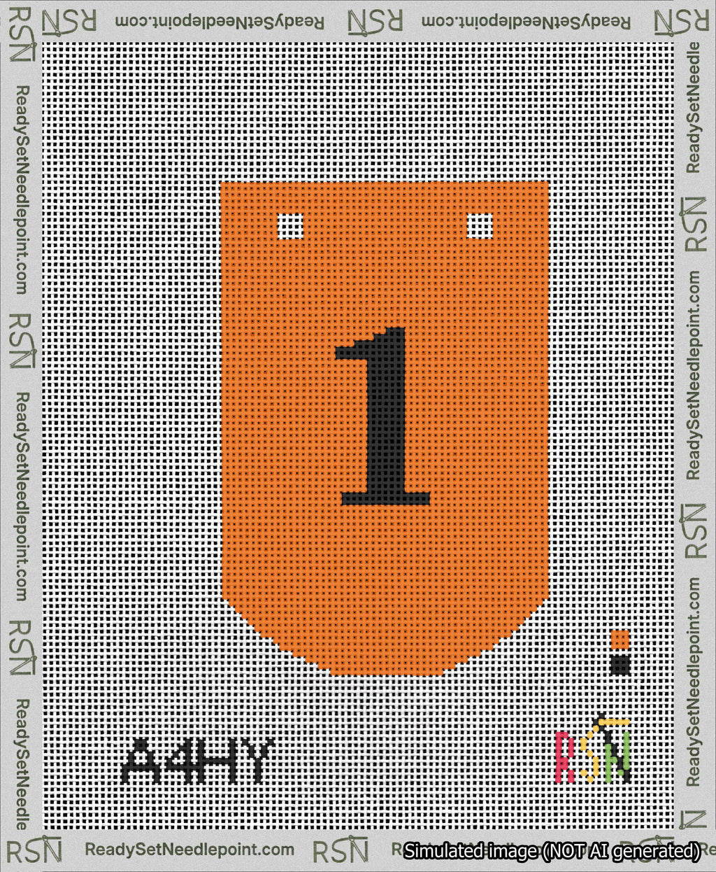 A taped needlepoint canvas with the design: Banner 13 mesh count Curved 1 Black on Orange.