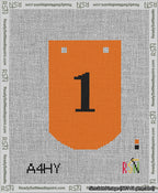 A taped needlepoint canvas with the design: Banner 13 mesh count Curved 1 Black on Orange.