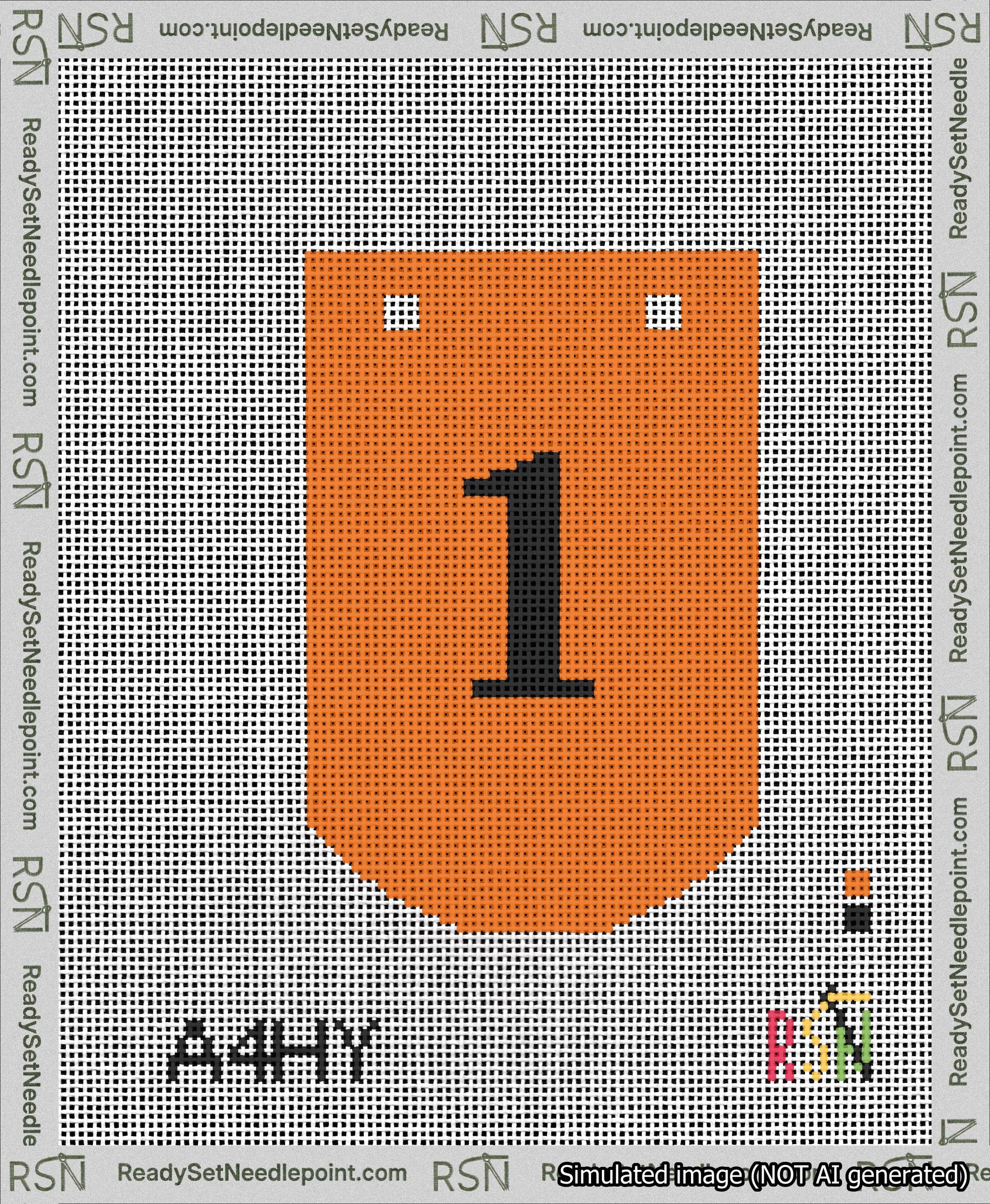 A taped needlepoint canvas with the design: Banner 13 mesh count Curved 1 Black on Orange.