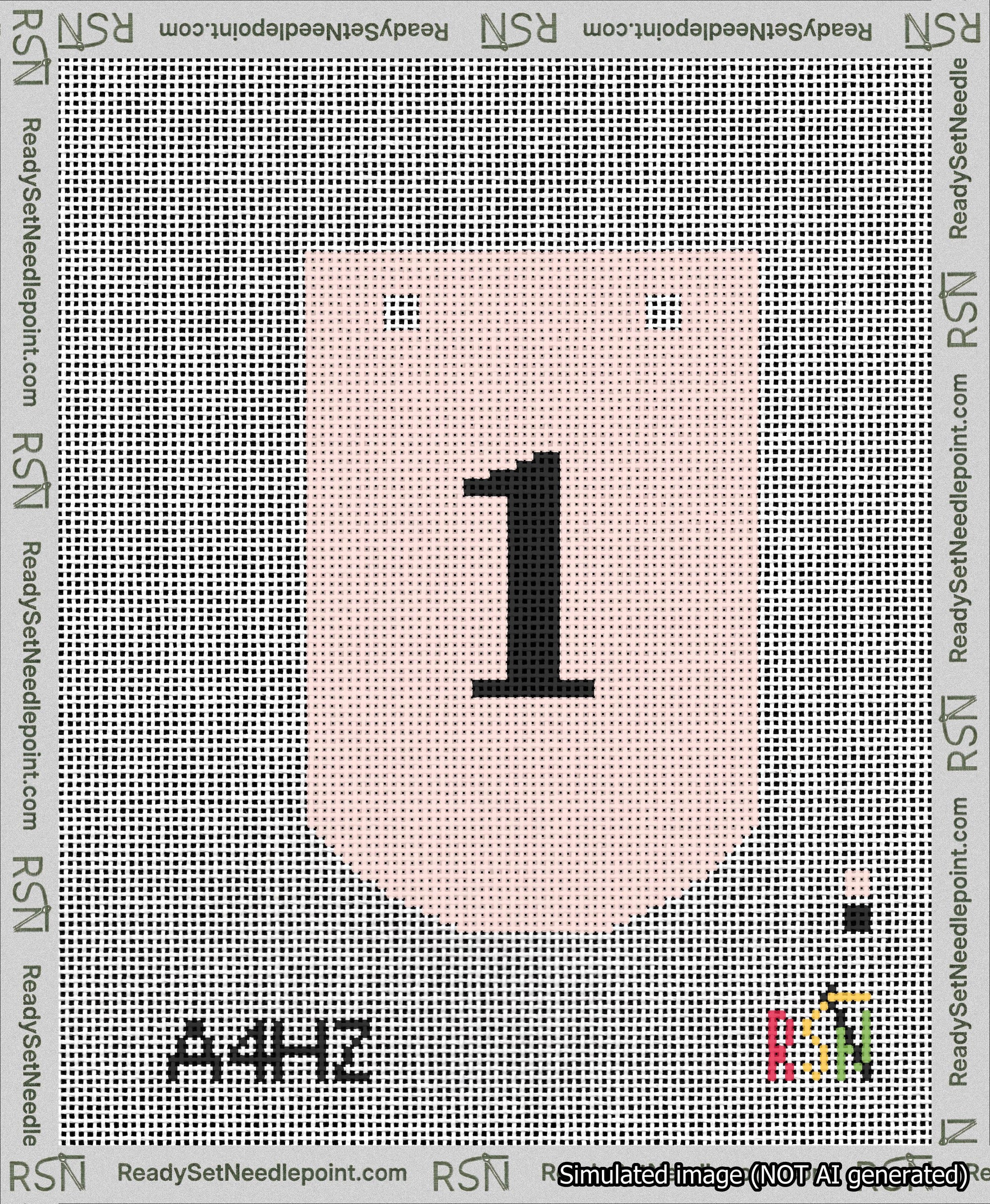 A taped needlepoint canvas with the design: Banner 13 mesh count Curved 1 Black on Pink.