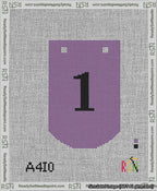 A taped needlepoint canvas with the design: Banner 13 mesh count Curved 1 Black on Purple.