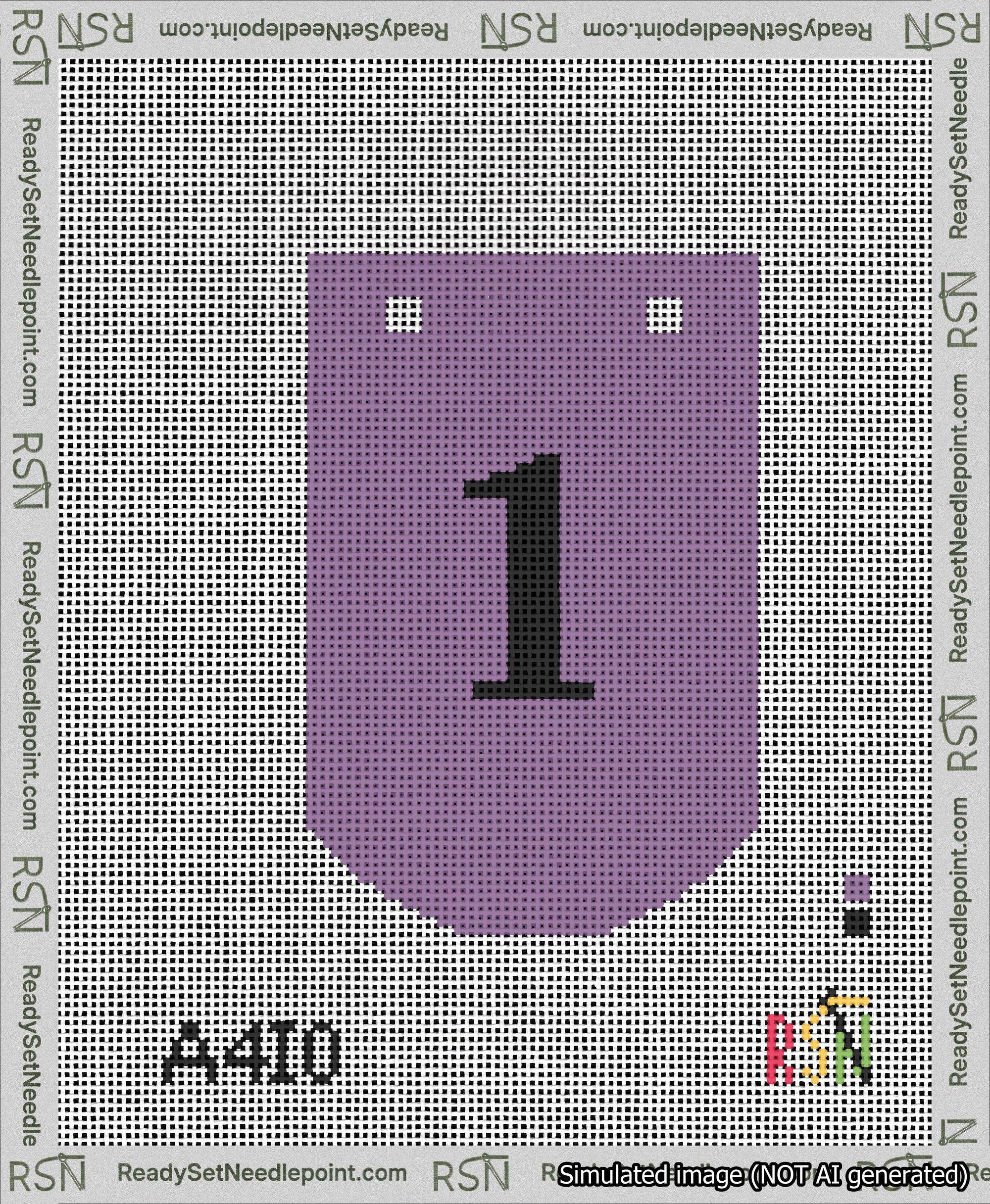 A taped needlepoint canvas with the design: Banner 13 mesh count Curved 1 Black on Purple.