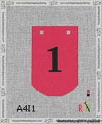 A taped needlepoint canvas with the design: Banner 13 mesh count Curved 1 Black on Red.