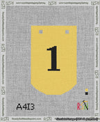 A taped needlepoint canvas with the design: Banner 13 mesh count Curved 1 Black on Yellow.