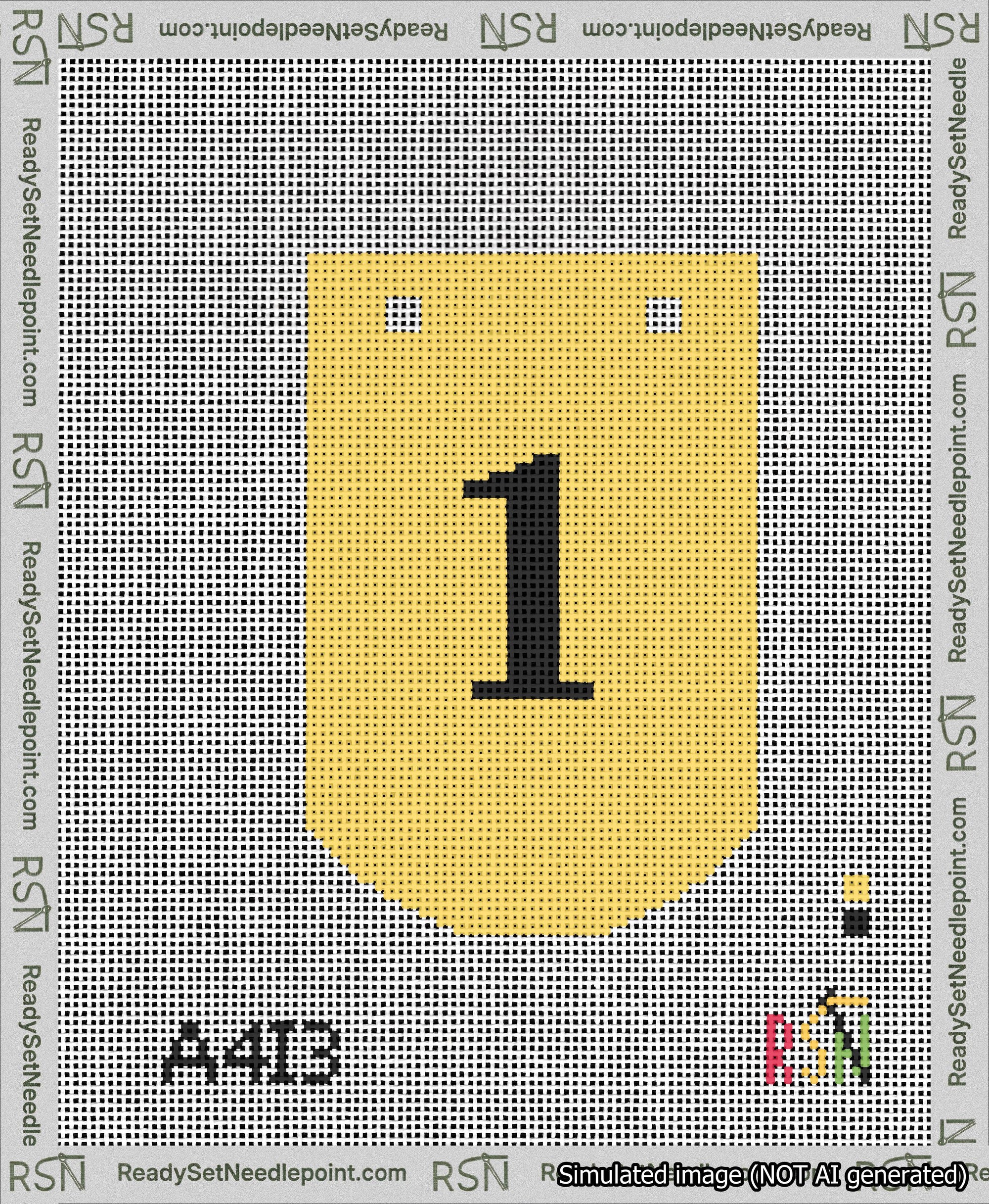 A taped needlepoint canvas with the design: Banner 13 mesh count Curved 1 Black on Yellow.