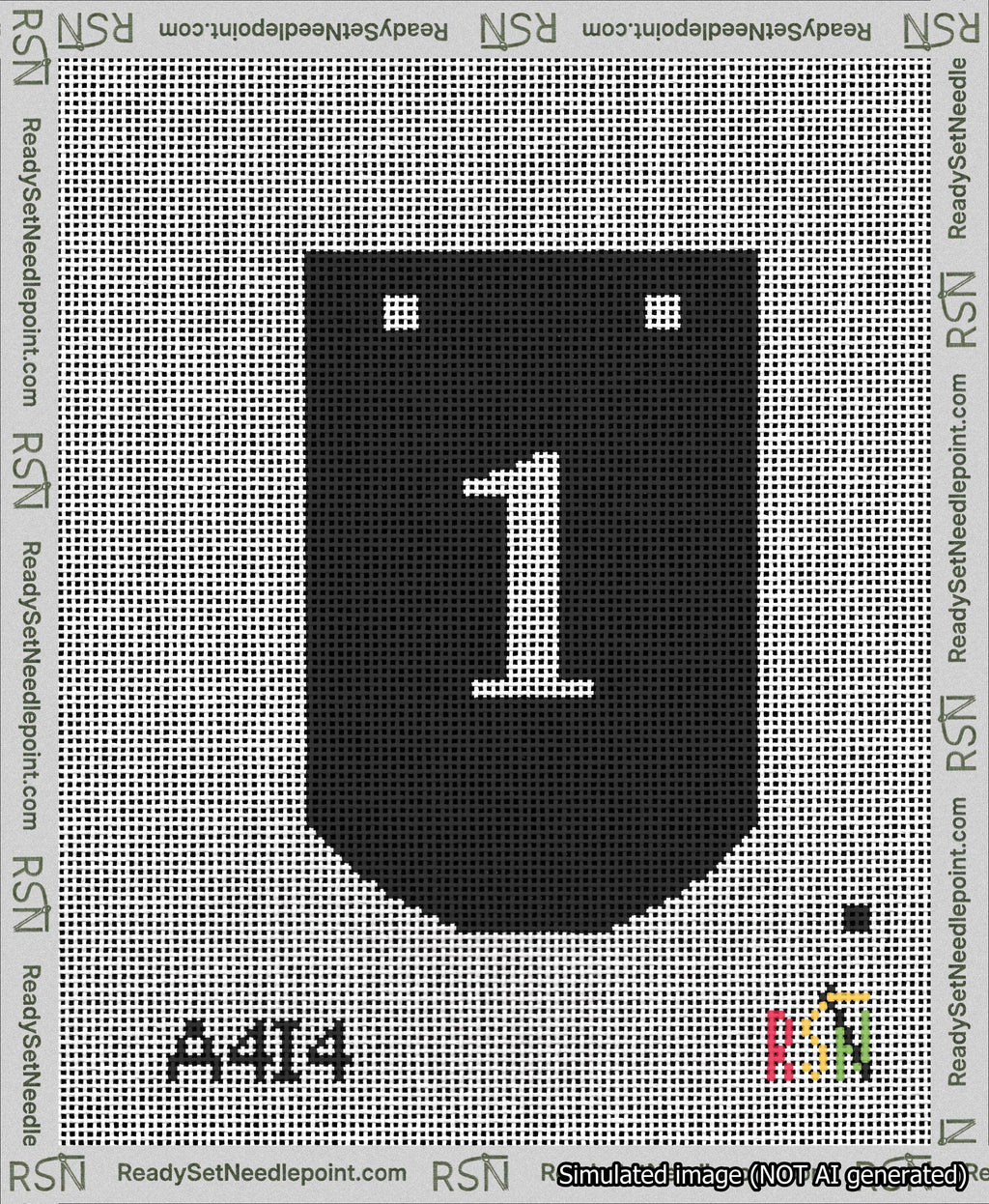 A taped needlepoint canvas with the design: Banner 13 mesh count Curved 1 White on Black.