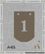 A taped needlepoint canvas with the design: Banner 13 mesh count Curved 1 White on Brown.