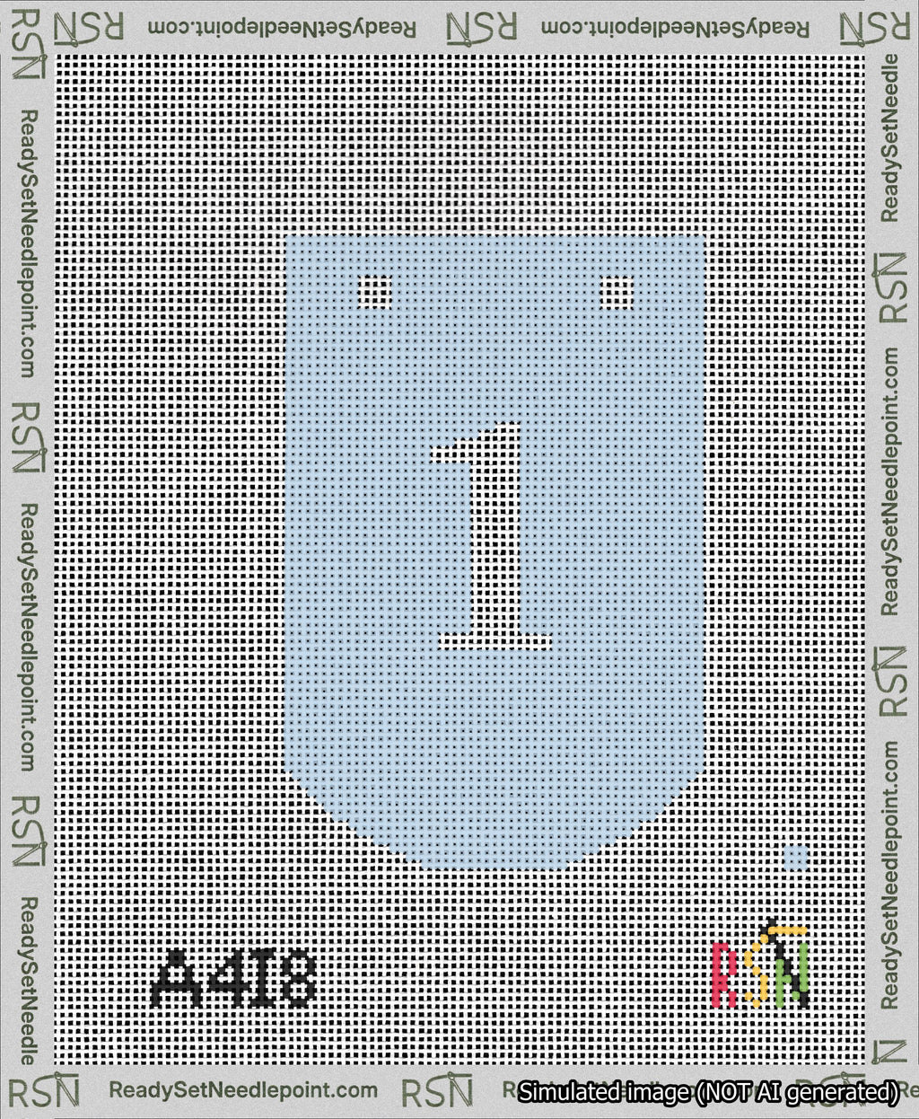 A taped needlepoint canvas with the design: Banner 13 mesh count Curved 1 White on Light Blue.