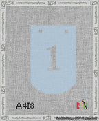 A taped needlepoint canvas with the design: Banner 13 mesh count Curved 1 White on Light Blue.