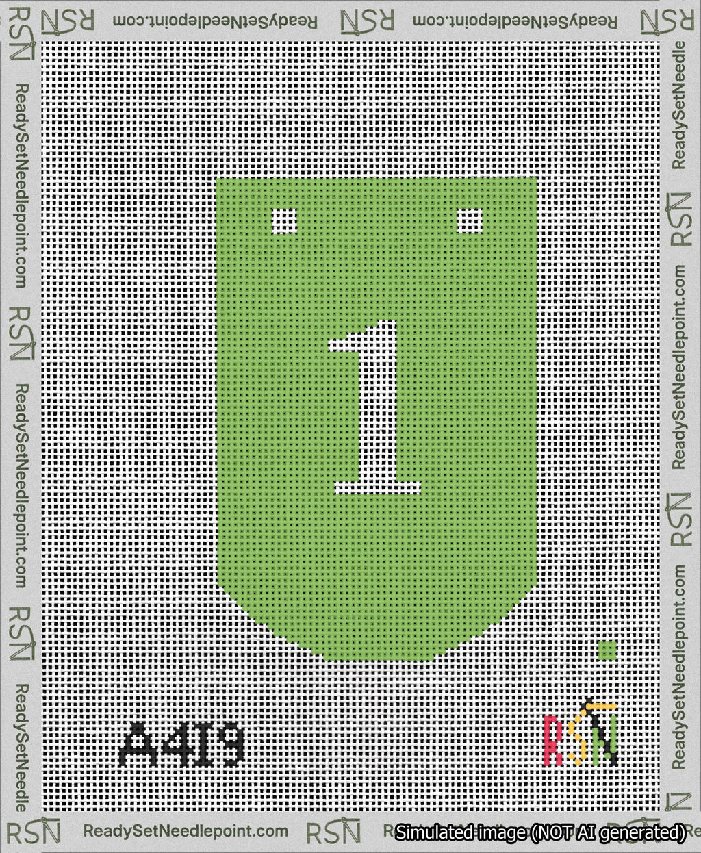 A taped needlepoint canvas with the design: Banner 13 mesh count Curved 1 White on Light Green.