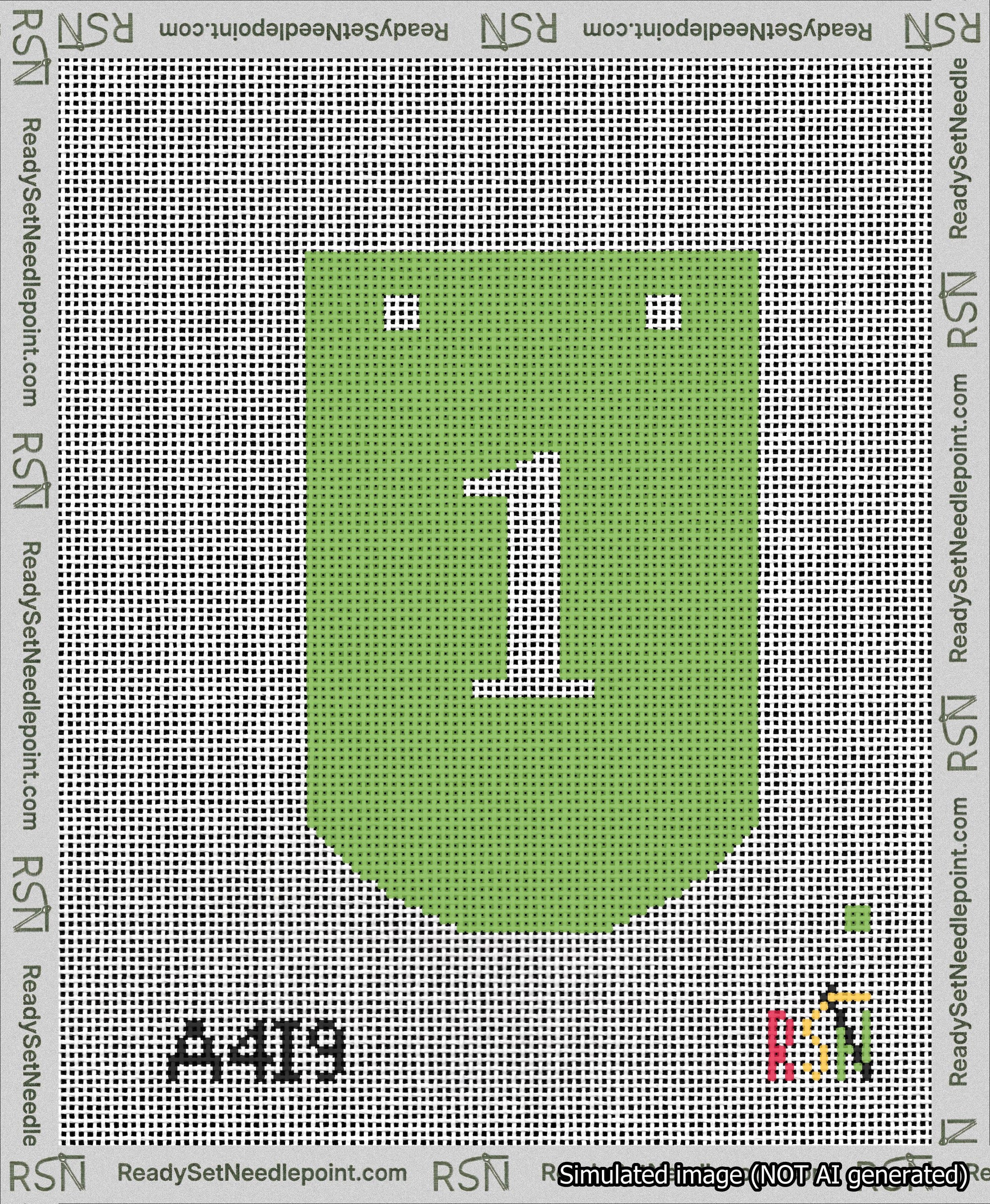 A taped needlepoint canvas with the design: Banner 13 mesh count Curved 1 White on Light Green.