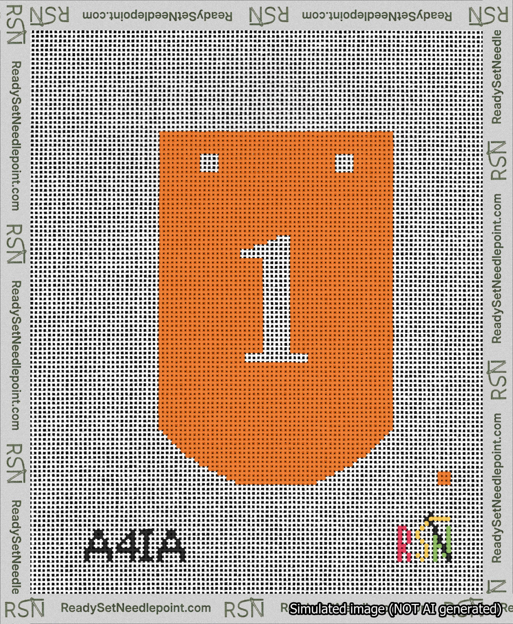A taped needlepoint canvas with the design: Banner 13 mesh count Curved 1 White on Orange.