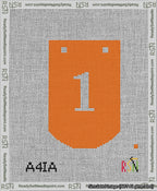A taped needlepoint canvas with the design: Banner 13 mesh count Curved 1 White on Orange.