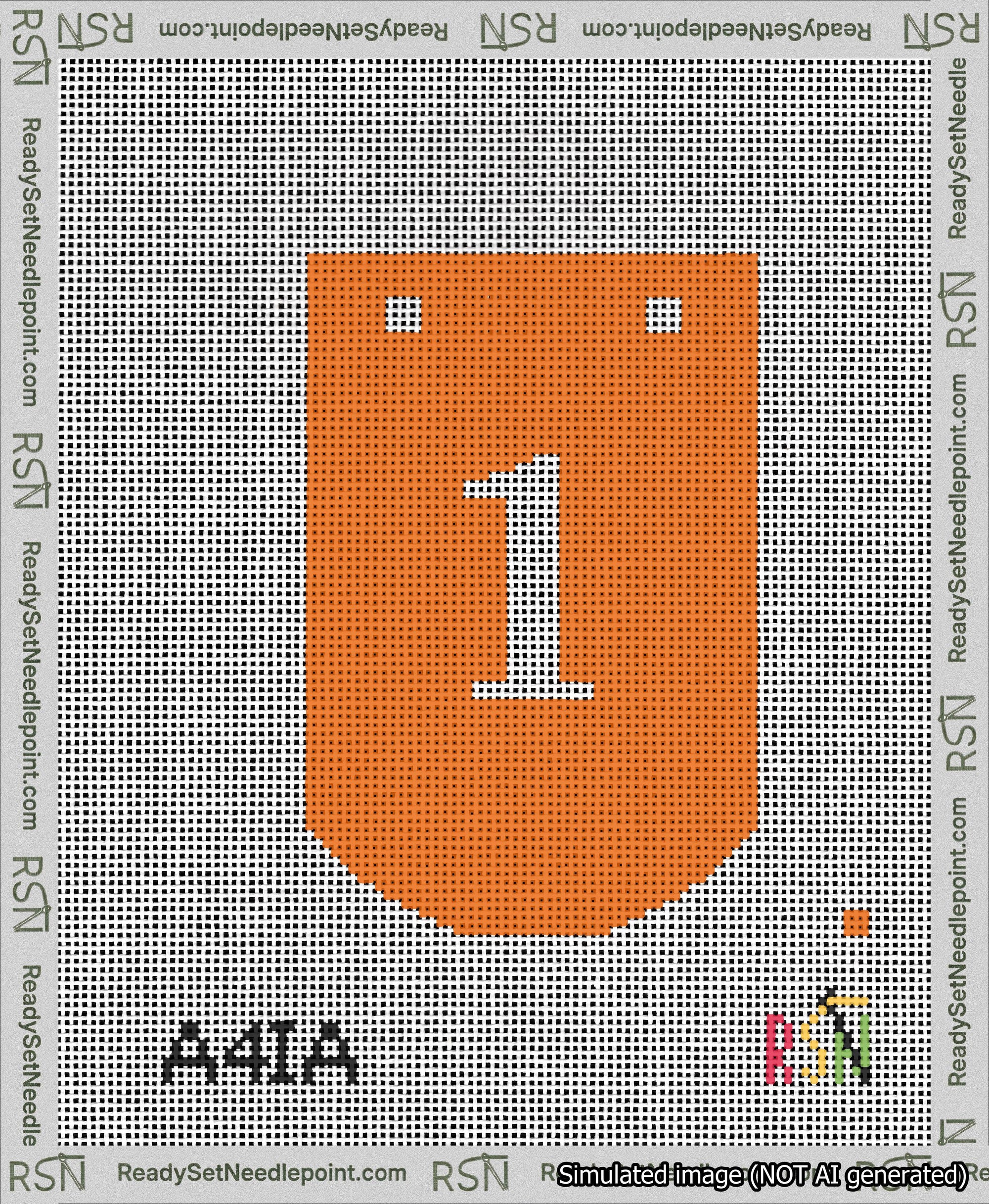 A taped needlepoint canvas with the design: Banner 13 mesh count Curved 1 White on Orange.