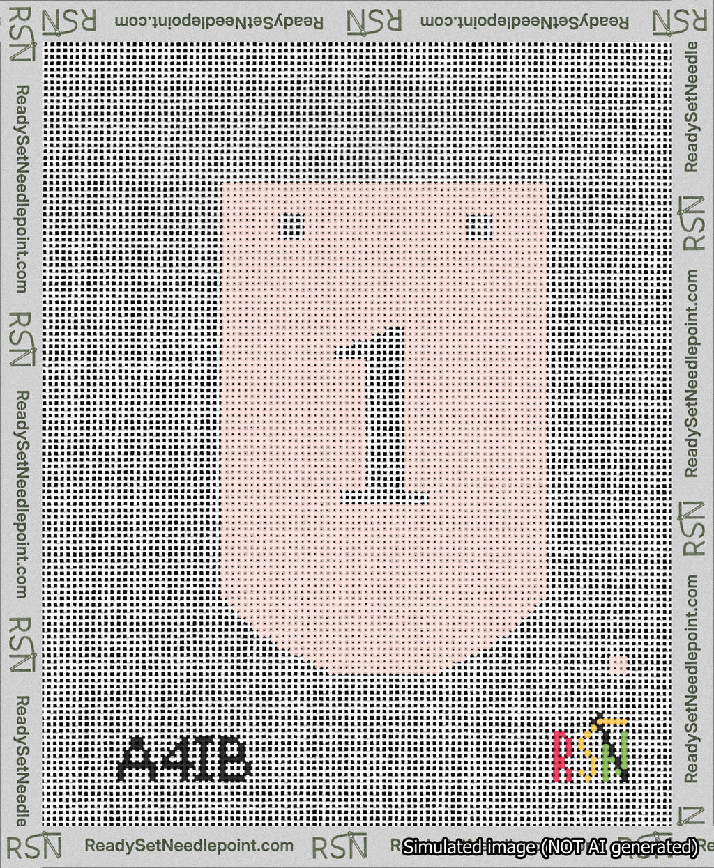 A taped needlepoint canvas with the design: Banner 13 mesh count Curved 1 White on Pink.