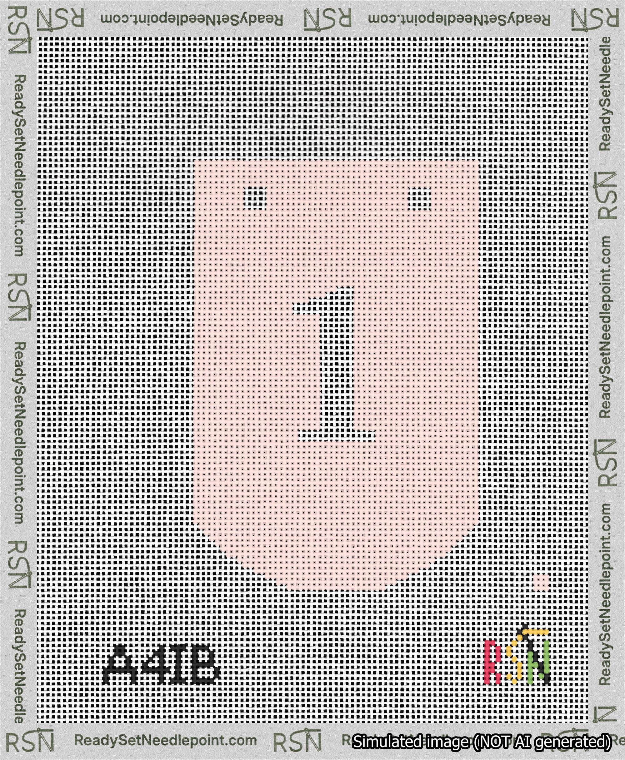 A taped needlepoint canvas with the design: Banner 13 mesh count Curved 1 White on Pink.