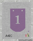 A taped needlepoint canvas with the design: Banner 13 mesh count Curved 1 White on Purple.