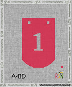 A taped needlepoint canvas with the design: Banner 13 mesh count Curved 1 White on Red.