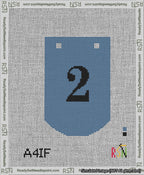 A taped needlepoint canvas with the design: Banner 13 mesh count Curved 2 Black on Blue.