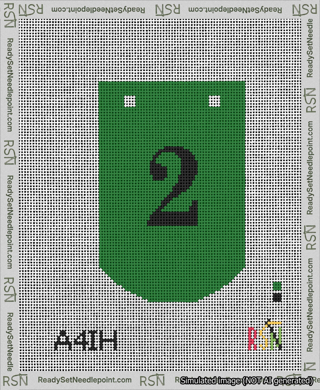 A taped needlepoint canvas with the design: Banner 13 mesh count Curved 2 Black on Green.
