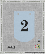 A taped needlepoint canvas with the design: Banner 13 mesh count Curved 2 Black on Light Blue.