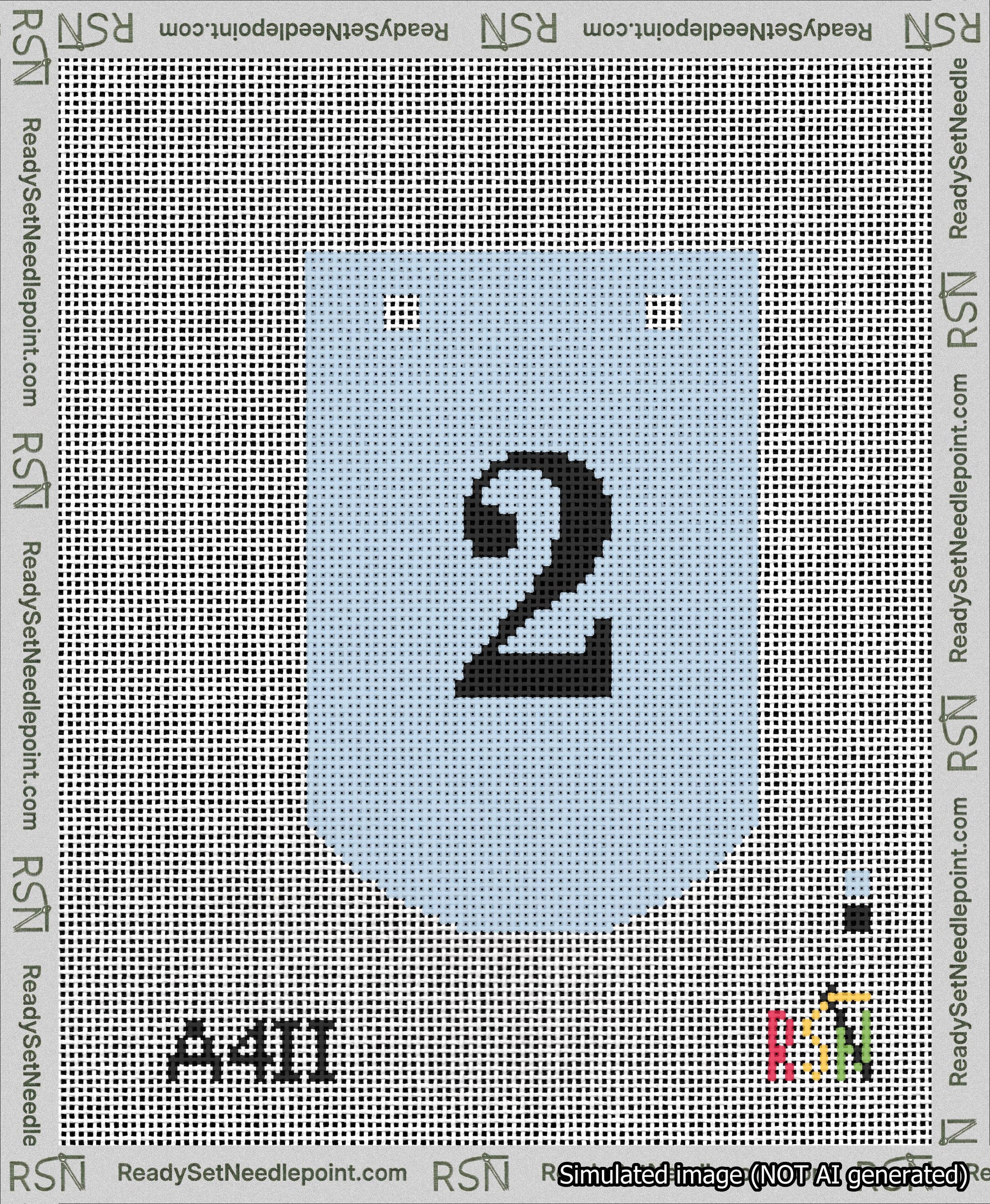 A taped needlepoint canvas with the design: Banner 13 mesh count Curved 2 Black on Light Blue.