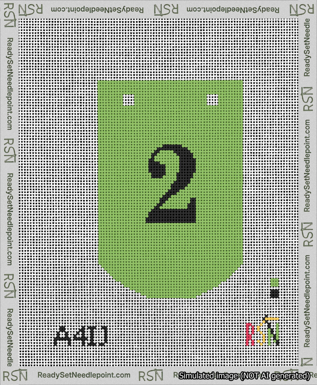 A taped needlepoint canvas with the design: Banner 13 mesh count Curved 2 Black on Light Green.