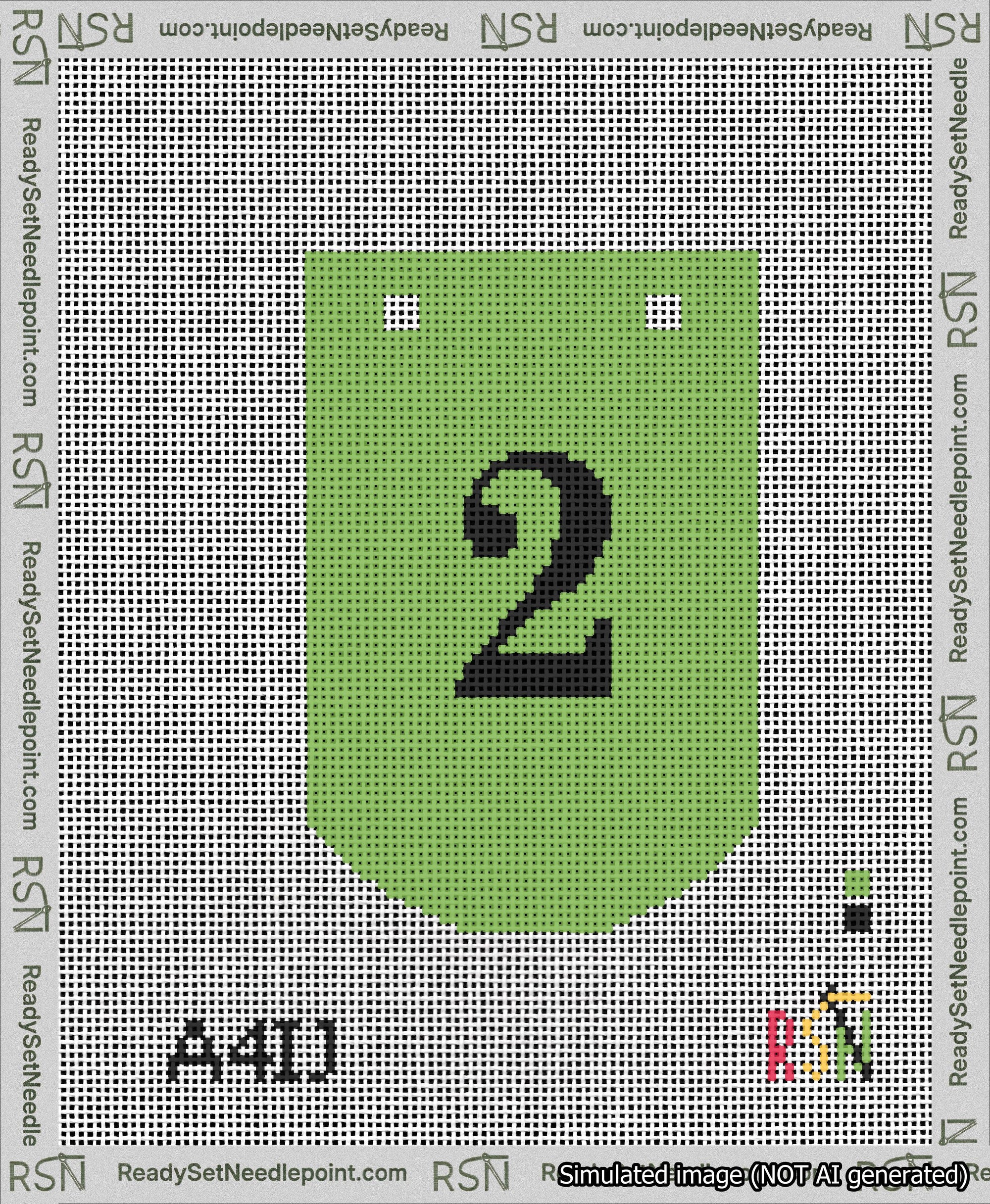 A taped needlepoint canvas with the design: Banner 13 mesh count Curved 2 Black on Light Green.